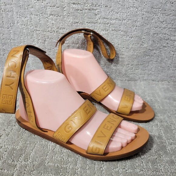 Givenchy Ankle Strap Sandals Logo Embossed Flat Desert Women's Size 38 EU
